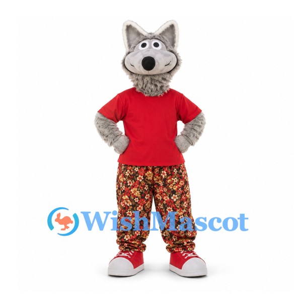 Wolf Mascot Costume in Gray with Red Shirt and Floral Pants