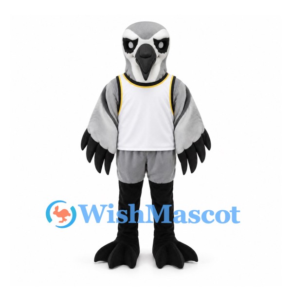 Falcon Mascot Costume with Gray Wings and White Sports Shirt