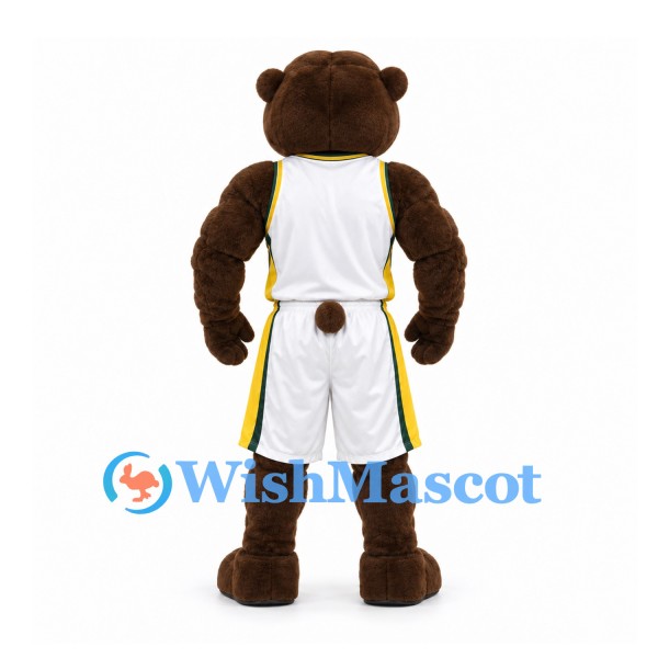 Bear Mascot Costume with White Basketball Uniform and Yellow Trim