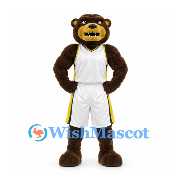 Bear Mascot Costume with White Basketball Uniform and Yellow Trim