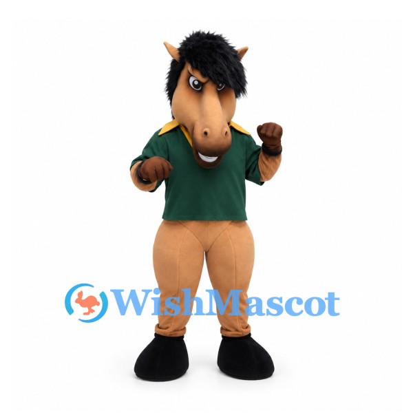 Horse Mascot Costume with Dark Green Polo Shirt and Tan Body