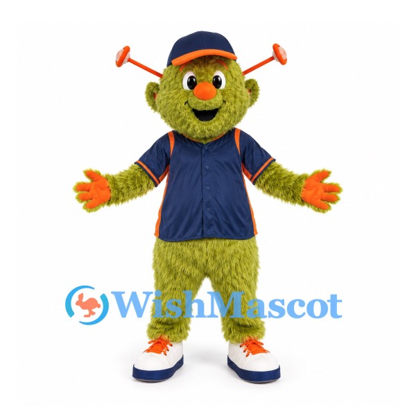 Monster Mascot Costume in Green with Navy Sports Shirt and Cap