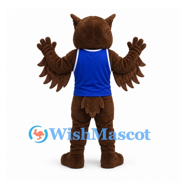 Owl Mascot Costume in Brown with Blue Sports Shirt