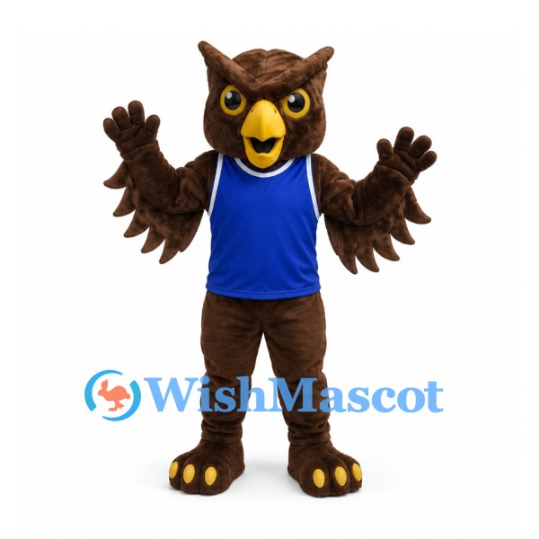 Owl Mascot Costume in Brown with Blue Sports Shirt