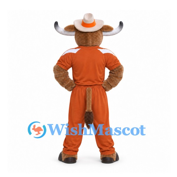 Bull Mascot Costume with Orange Cowboy Outfit and Wide Hat