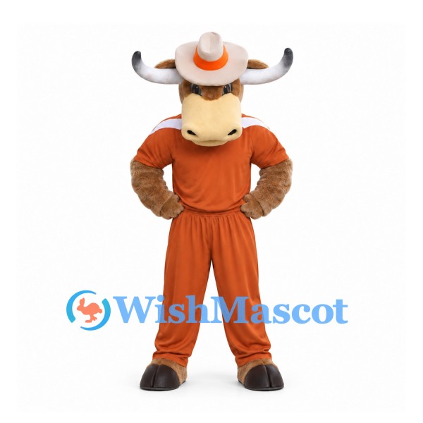 Bull Mascot Costume with Orange Cowboy Outfit and Wide Hat