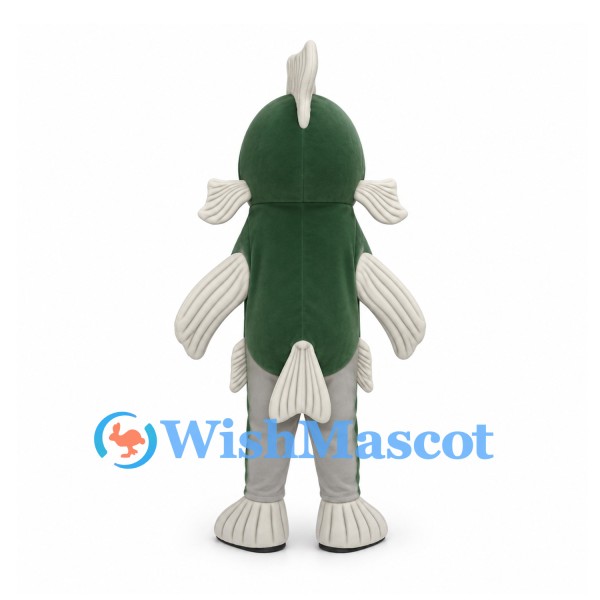 Fish Mascot Costume in Green and Gray with White Fins