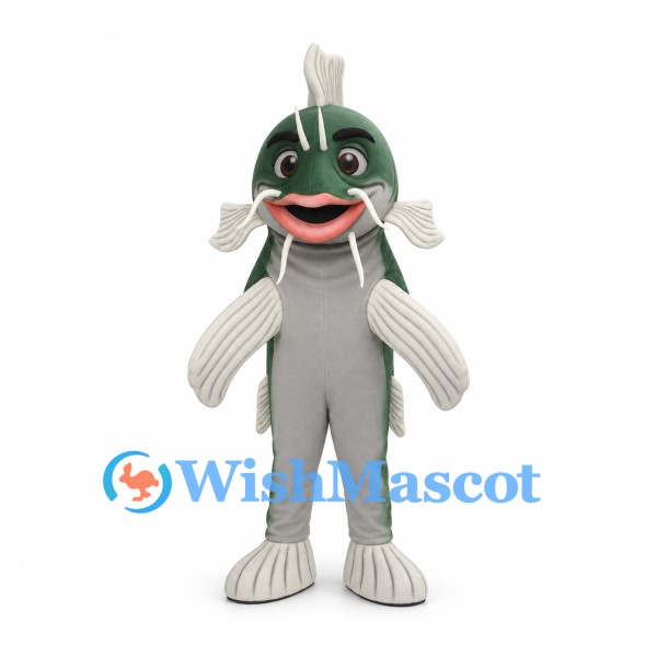 Fish Mascot Costume in Green and Gray with White Fins