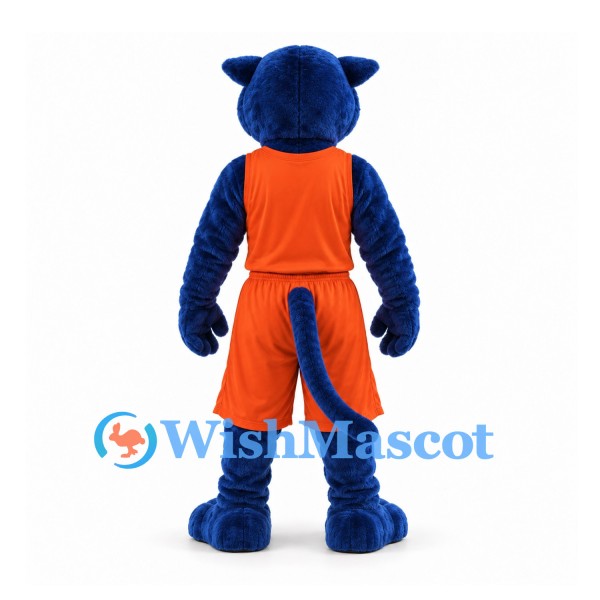 Panther Mascot Costume in Blue with Orange Basketball Uniform