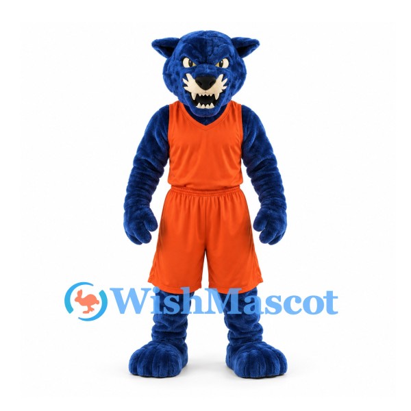 Panther Mascot Costume in Blue with Orange Basketball Uniform