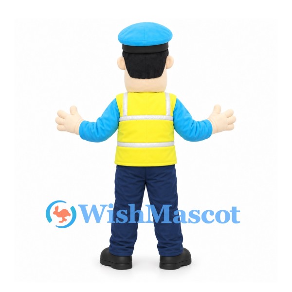 Worker Mascot Costume with Yellow Safety Vest and Blue Cap