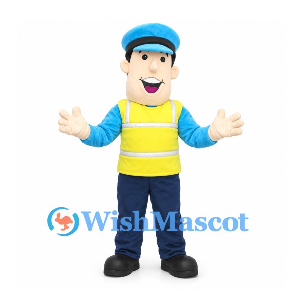 Worker Mascot Costume with Yellow Safety Vest and Blue Cap