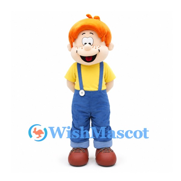 Boy Mascot Costume with Orange Hair and Blue Overalls