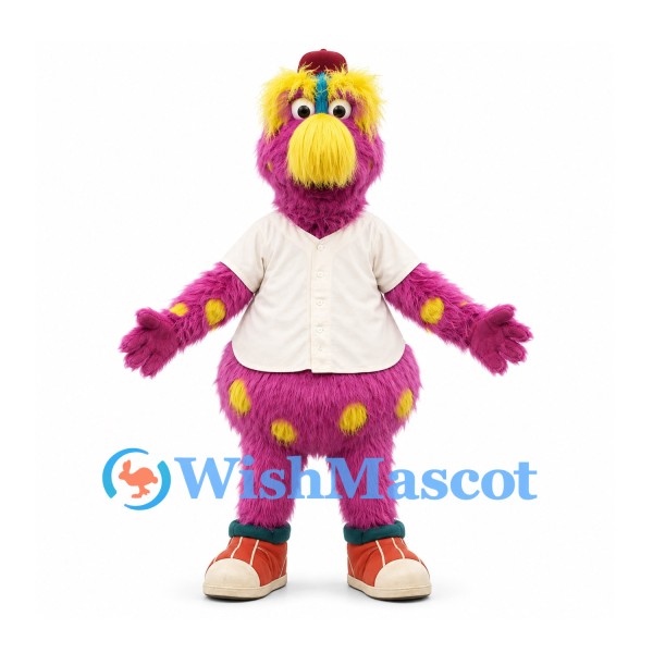 Bird Mascot Costume in Purple and Yellow with White Shirt