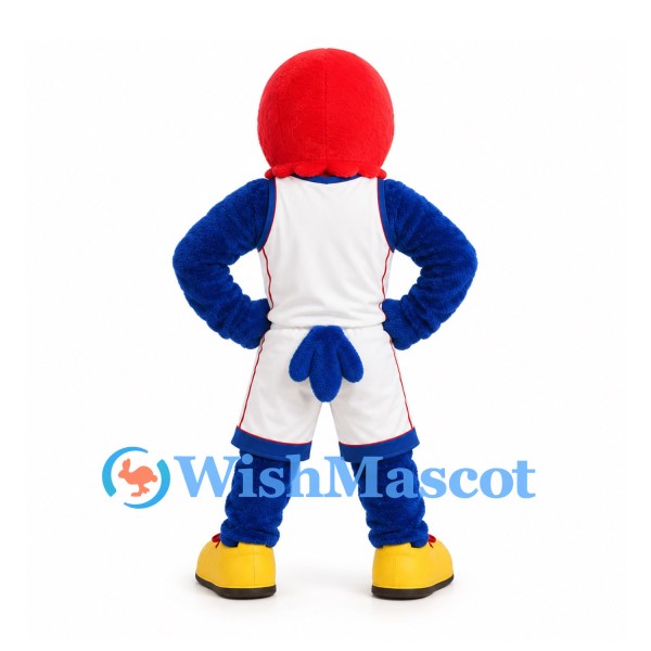 Parrot Mascot Costume in Red and Blue with White Sports Uniform