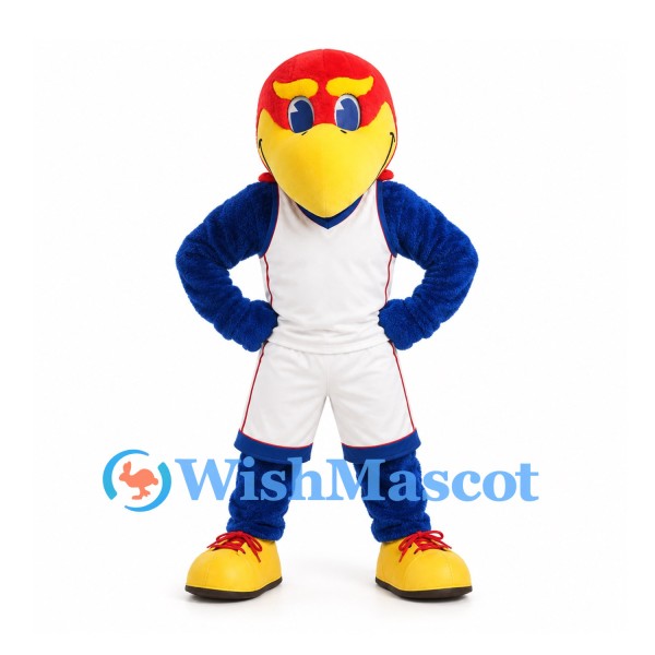 Parrot Mascot Costume in Red and Blue with White Sports Uniform