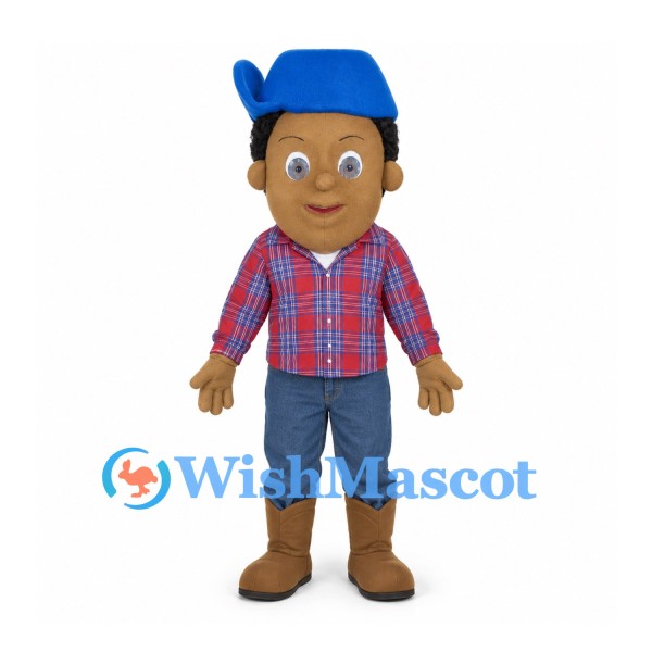 Boy Mascot Costume with Blue Cowboy Hat and Red Check Shirt