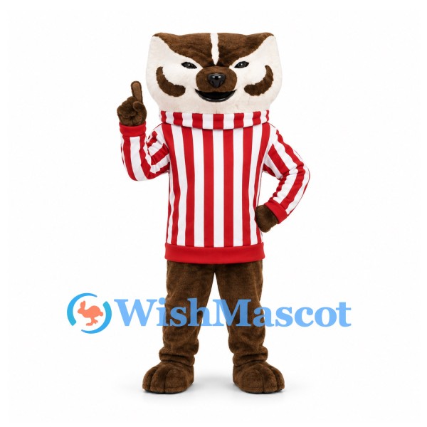 Badger Mascot Costume with Red White Striped Jacket