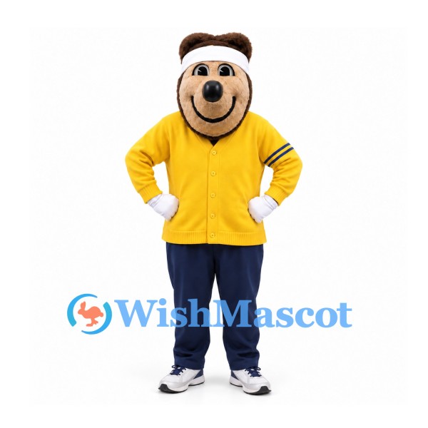 Bear Mascot Costume with Yellow Track Jacket and White Headband
