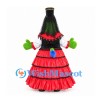 Witch Mascot Costume with Green Face and Red Tiered Dress