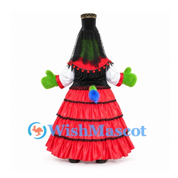 Witch Mascot Costume with Green Face and Red Tiered Dress