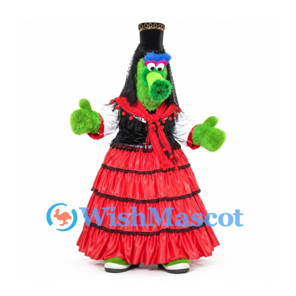 Witch Mascot Costume with Green Face and Red Tiered Dress