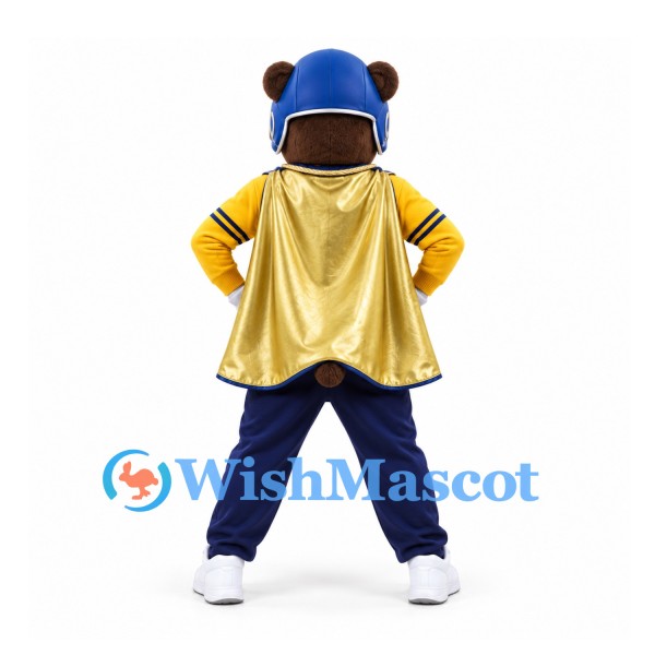 Bear Mascot Costume with Yellow Jacket and Blue Helmet