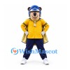 Bear Mascot Costume with Yellow Jacket and Blue Helmet