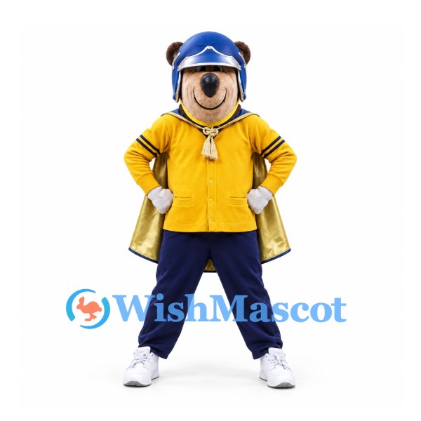 Bear Mascot Costume with Yellow Jacket and Blue Helmet