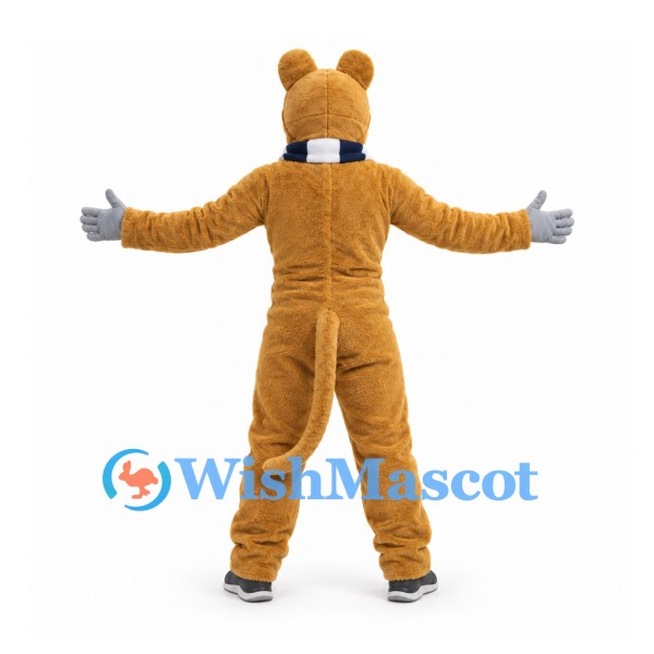 Bear Mascot Costume in Tan with Black White Striped Scarf