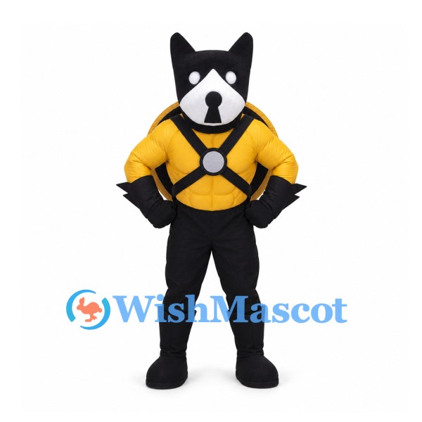 Raccoon Mascot Costume in Black with Yellow Round Backpack