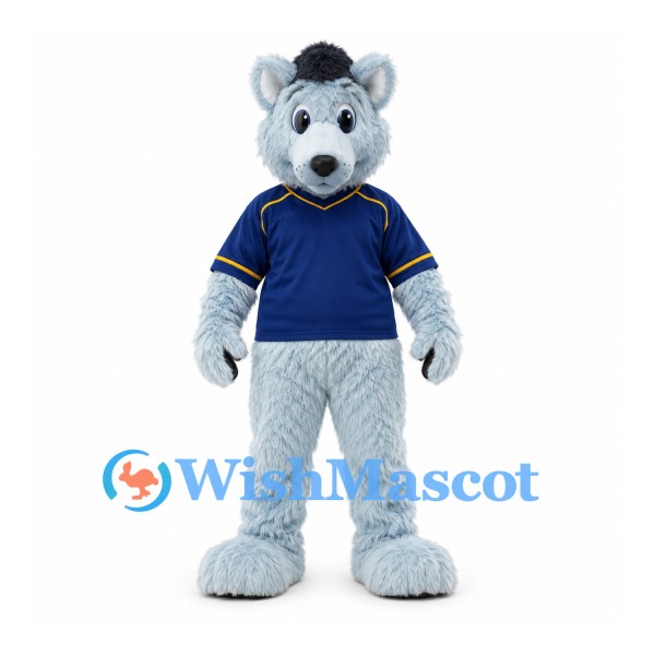 Wolf Mascot Costume in Pale Blue with Navy Sports Jersey