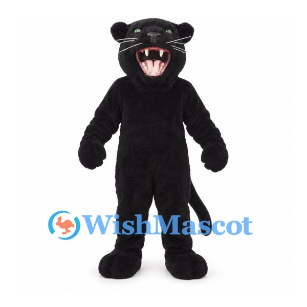 Panther Mascot Costume in Black with Large Open Mouth and White Fangs