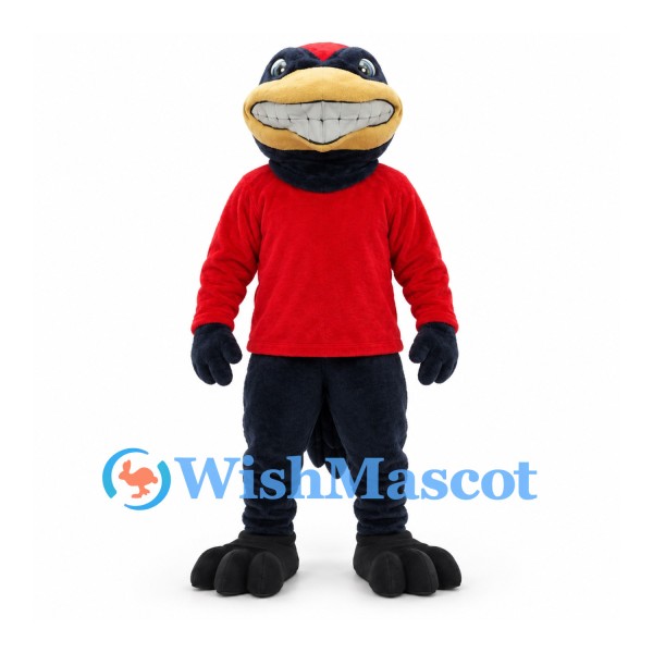 Crow Mascot Costume with Red Shirt and Dark Pants