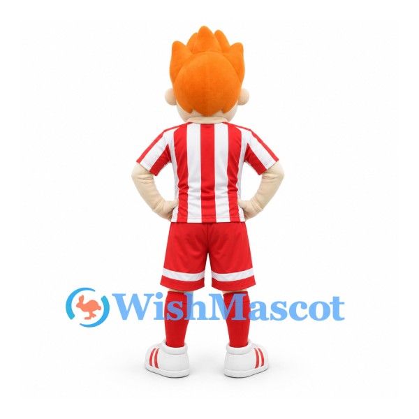 Boy Mascot Costume with Orange Hair and Red White Soccer Uniform