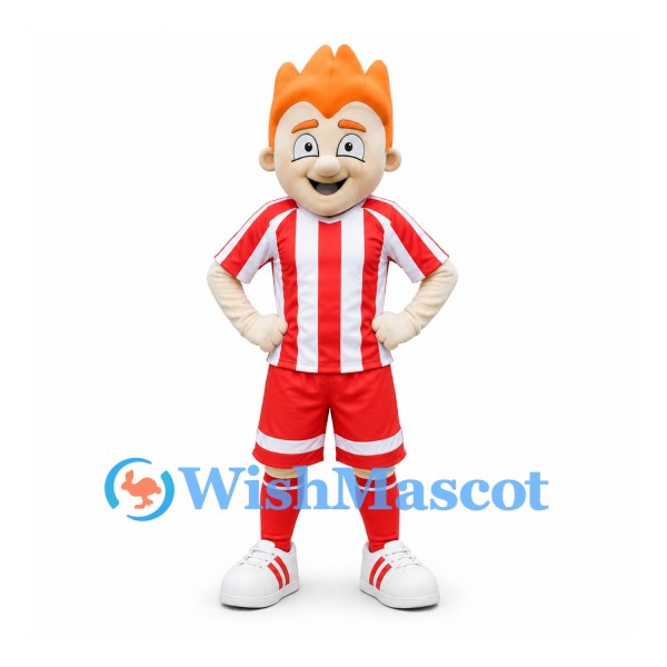 Boy Mascot Costume with Orange Hair and Red White Soccer Uniform