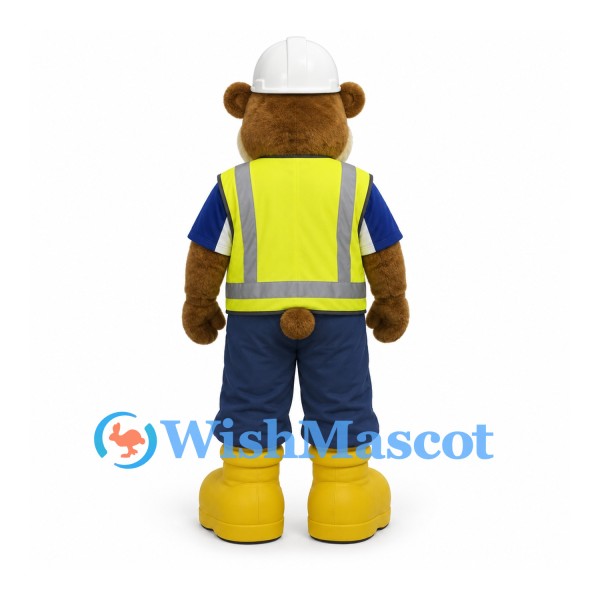 Bear Mascot Costume with White Hard Hat and Yellow Safety Vest