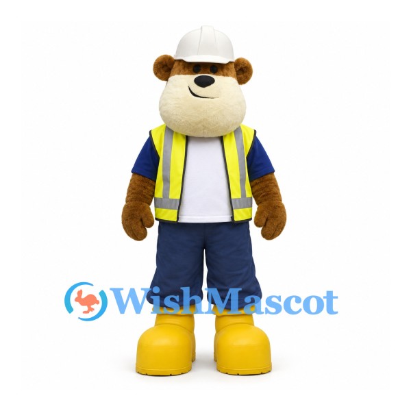 Bear Mascot Costume with White Hard Hat and Yellow Safety Vest