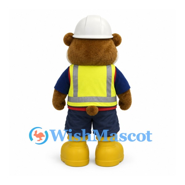 Bear Mascot Costume with White Hard Hat and Red Shirt