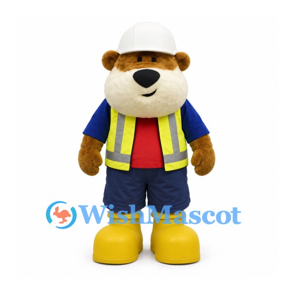 Bear Mascot Costume with White Hard Hat and Red Shirt