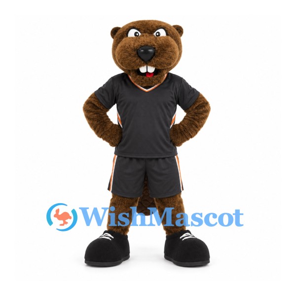 Beaver Mascot Costume with Black Sports Shirt and Shorts