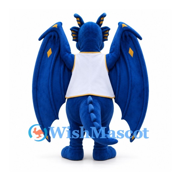Dragon Mascot Costume in Blue with Large Wings and White Vest