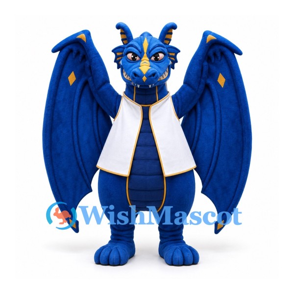 Dragon Mascot Costume in Blue with Large Wings and White Vest