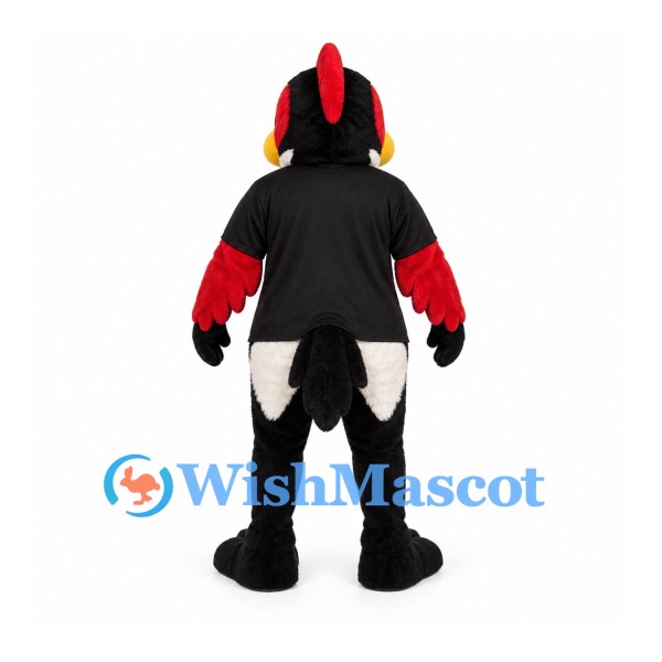 Woodpecker Mascot Costume with Black Shirt and Red Feathered Arms