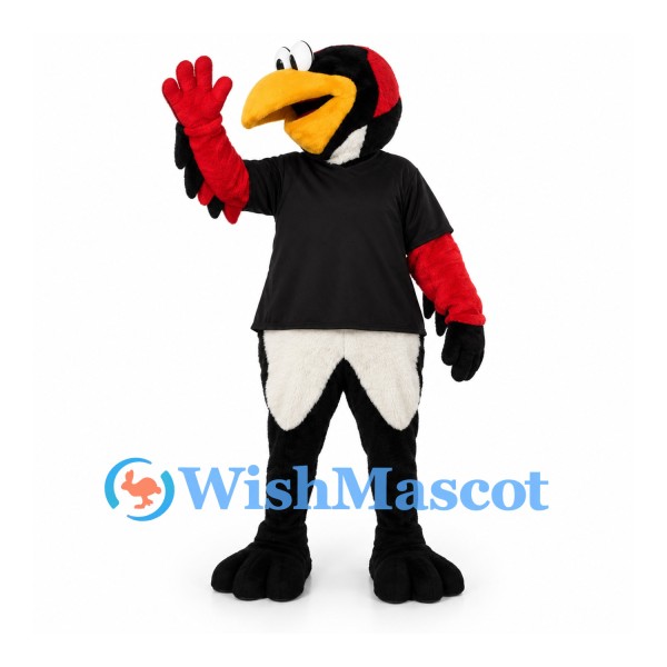Woodpecker Mascot Costume with Black Shirt and Red Feathered Arms