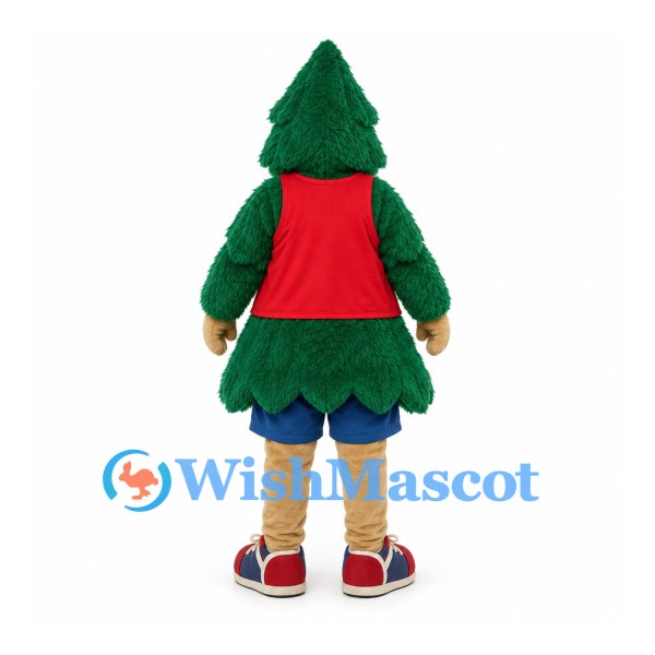 Pine Tree Mascot Costume with Green Layered Body and Red Shirt