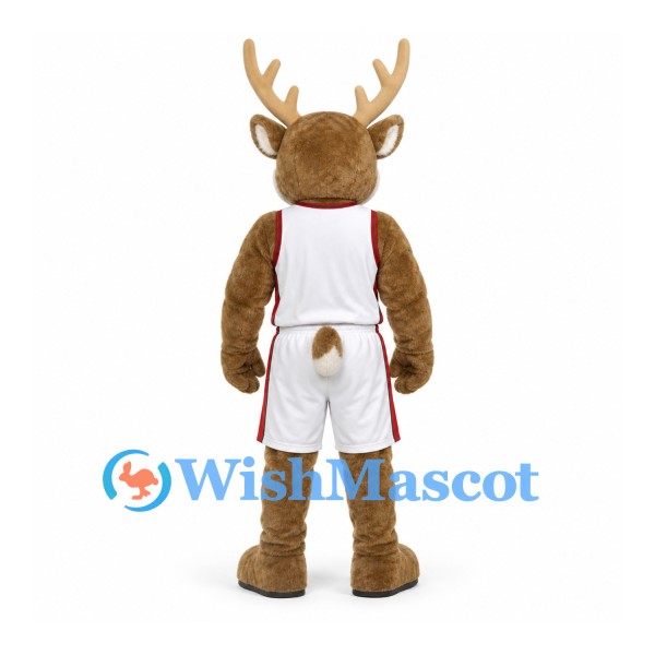 Deer Mascot Costume with White Basketball Uniform and Red Trim