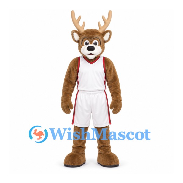 Deer Mascot Costume with White Basketball Uniform and Red Trim