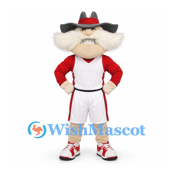 Cowboy Mascot Costume with Oversized White Mustache and Gray Hat