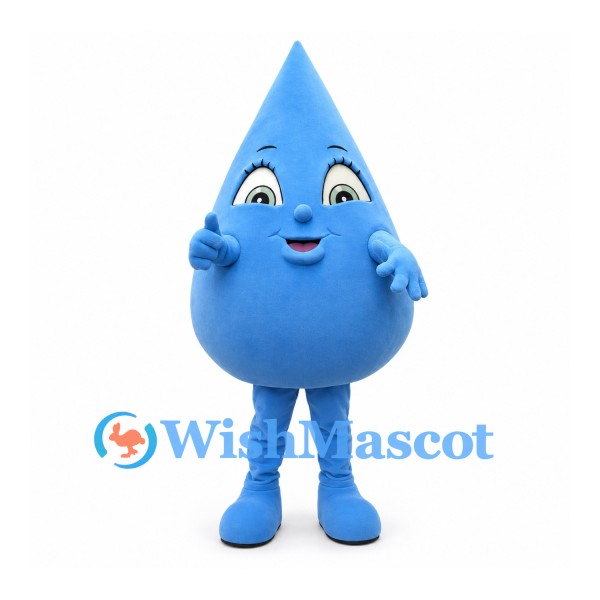 Water Drop Mascot Costume in Blue with White Eyebrows and Smile